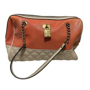 Anne‎ Klein Satchel Bag Womens Coral Cream Quilted Chain Shoulder Purse Padlock